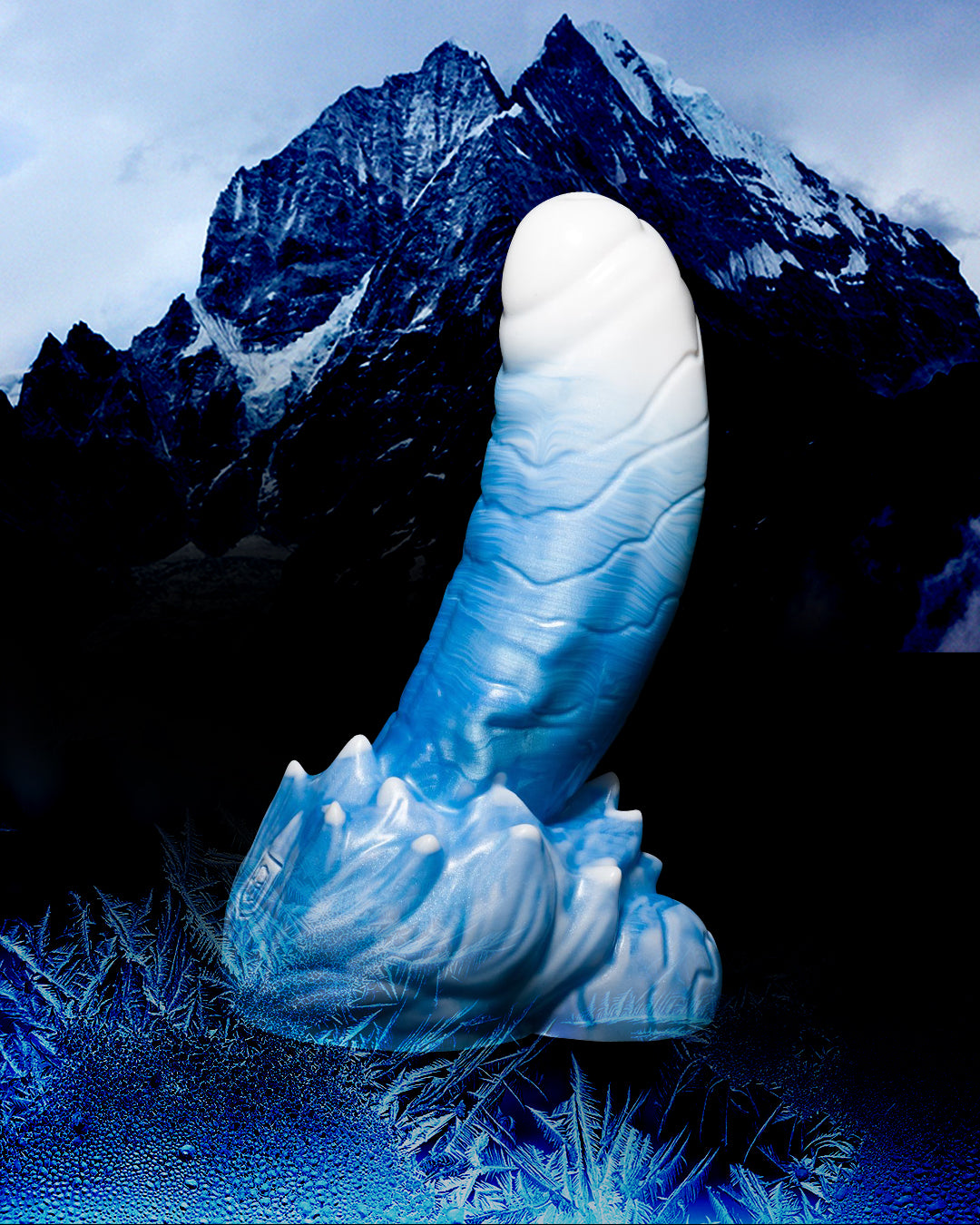 Yeti inspired monster dildo with mountain background, blue hue