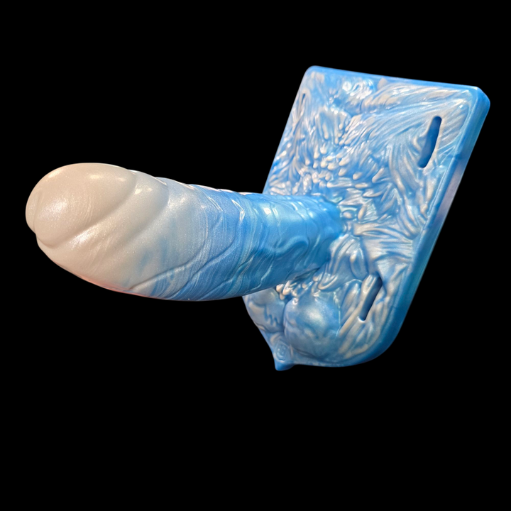 Thick dildo in blue and white with furry base