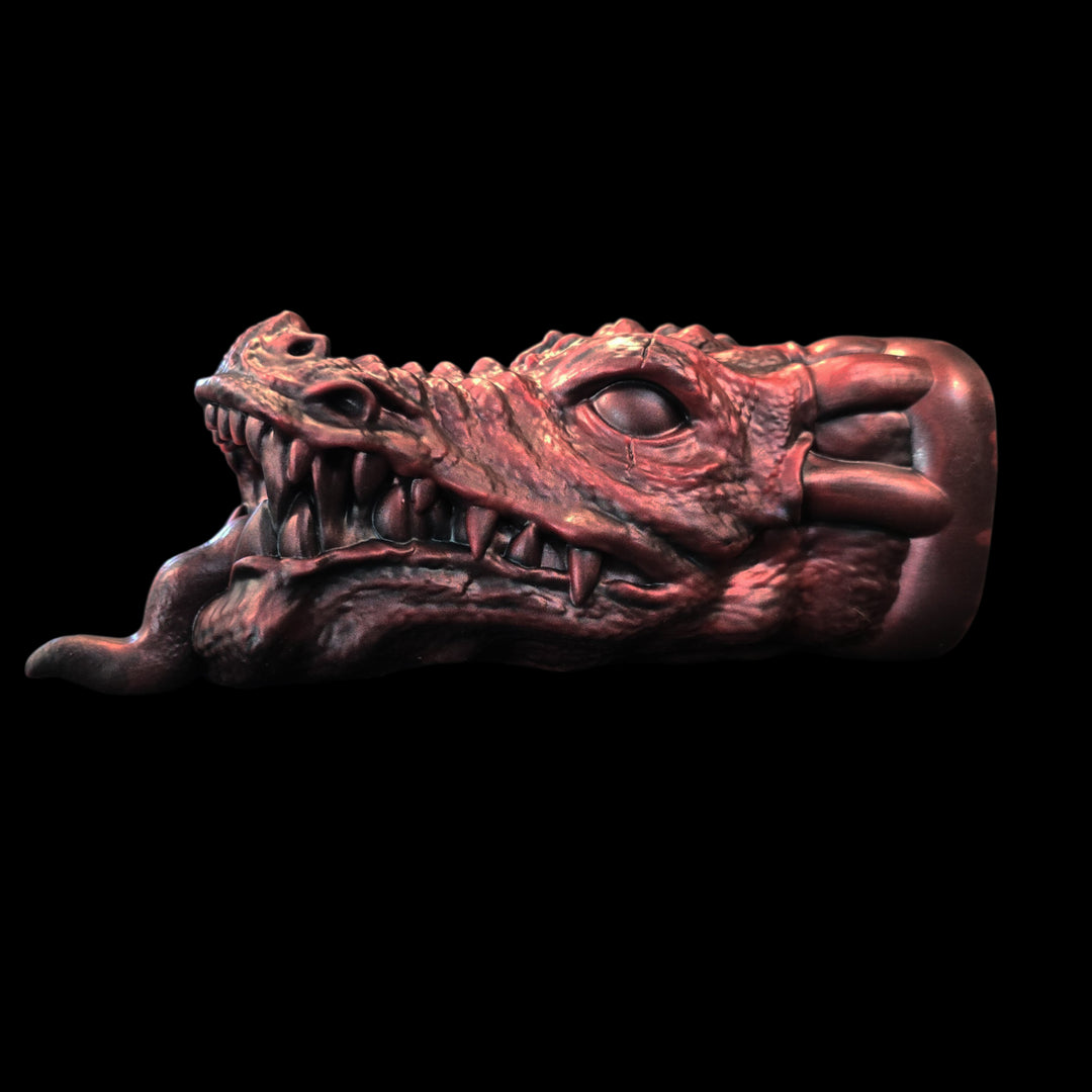 Handmade Red dragon head masturbator sex toy sculpture on a black background