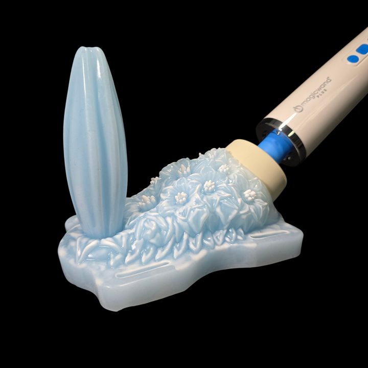 Blue and White Floral sex toy grinder with magic wand vibrator slot