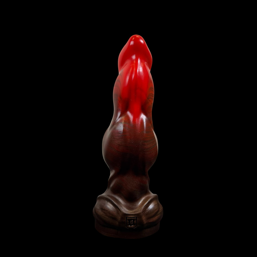 OD190 - Lycan Dildo - Size Small 6.5" - Squishy Soft Firmness - Vibrating Base - Colour Devil Red & Lycan Fur Fade
